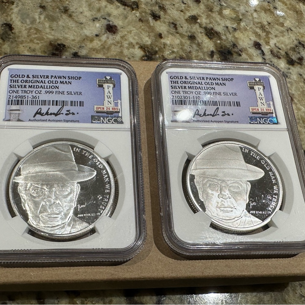 Pair Gold & Silver Pawn Shop Original Old Man 1 Oz. 999 Silver NGC Medallion ❤️